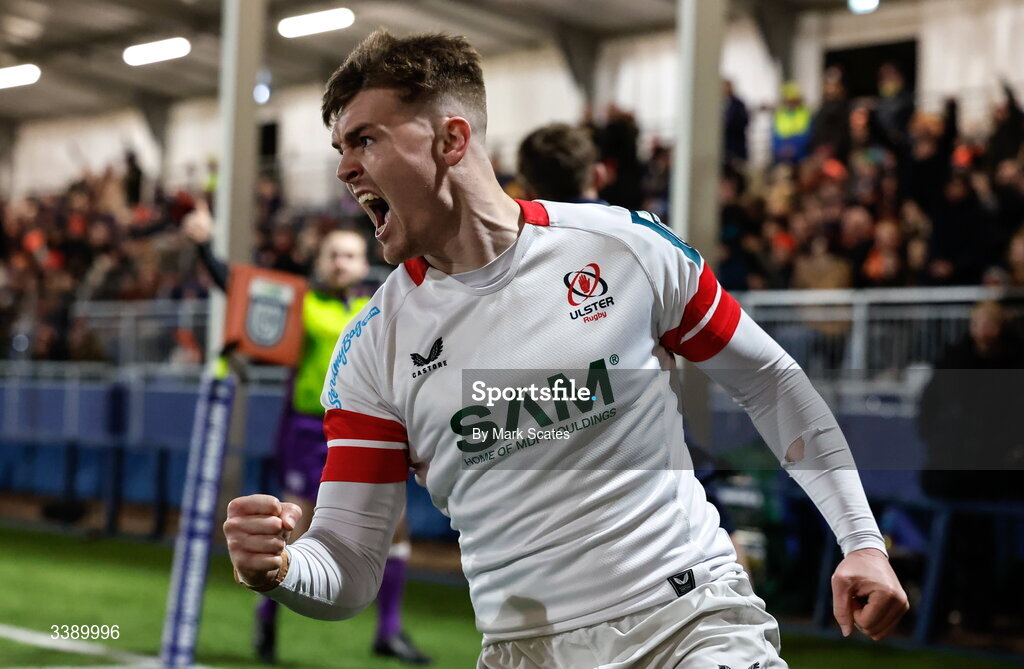 13 March 2026; Jake Flannery of Ulster celebrates after scoring his side's try during the United Rugby Championship match between Edinburgh and Ulster at Hive Stadium in Edinburgh, Scotland. Photo by Mark Scates/Sportsfile