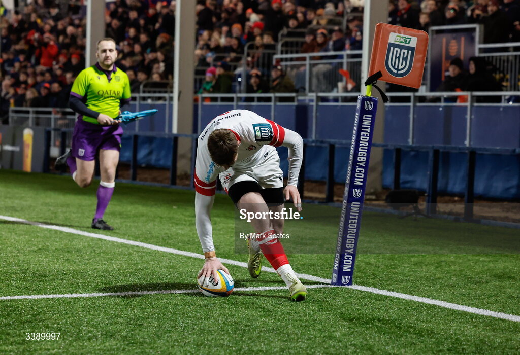 13 March 2026; Jake Flannery of Ulster scores his side's try during the United Rugby Championship match between Edinburgh and Ulster at Hive Stadium in Edinburgh, Scotland. Photo by Mark Scates/Sportsfile
