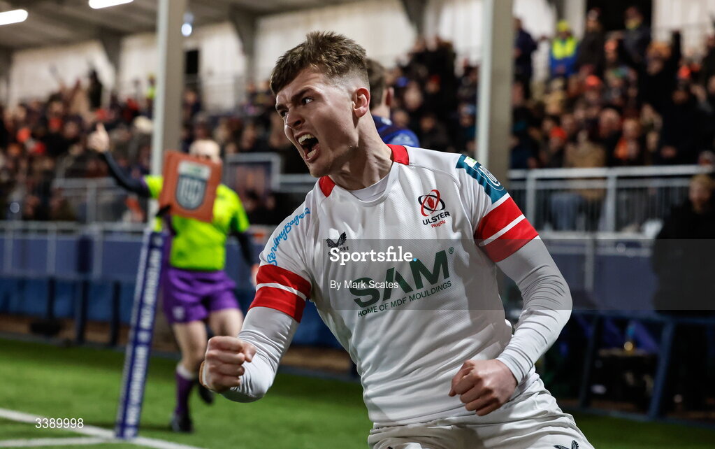 13 March 2026; Jake Flannery of Ulster celebrates after scoring his side's try during the United Rugby Championship match between Edinburgh and Ulster at Hive Stadium in Edinburgh, Scotland. Photo by Mark Scates/Sportsfile