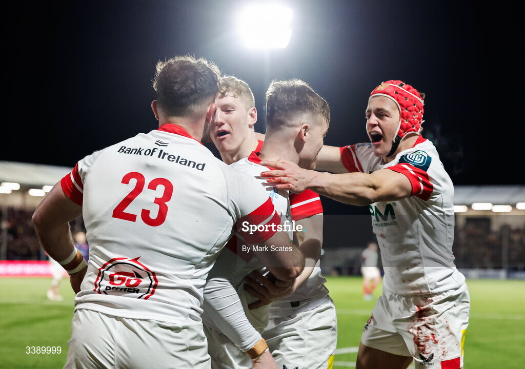 13 March 2026; Jake Flannery of Ulster celebrates with his teammates after scoring their sides try during the United Rugby Championship match between Edinburgh and Ulster at Hive Stadium in Edinburgh, Scotland. Photo by Mark Scates/Sportsfile