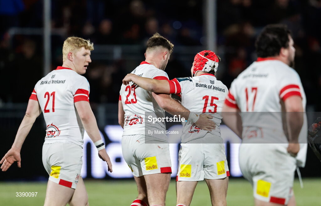 13 March 2026; Ben Carson of Ulster, 23, celebrates with teammate Mike Lowry 15, after scoring their side's try during the United Rugby Championship match between Edinburgh and Ulster at Hive Stadium in Edinburgh, Scotland. Photo by Mark Scates/Sportsfile