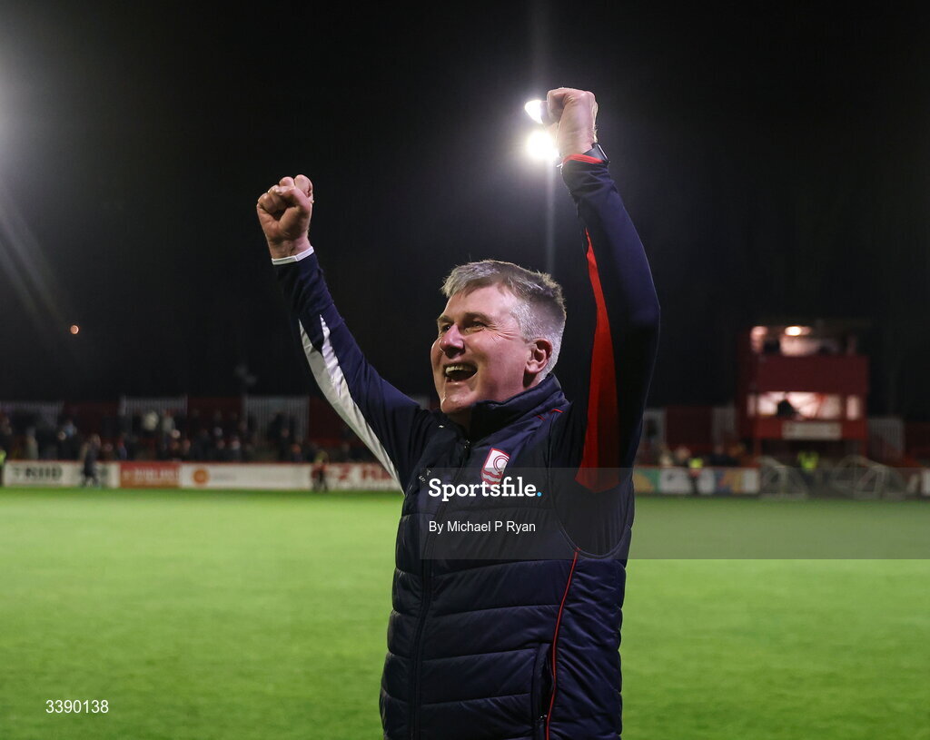 13 March 2026; St Patrick's Athletic manager Stephen Kenny celebrates after his side's victory in the SSE Airtricity Men's Premier Division match between St Patrick's Athletic and Drogheda United at Richmond Park in Dublin. Photo by Michael P Ryan/Sportsfile