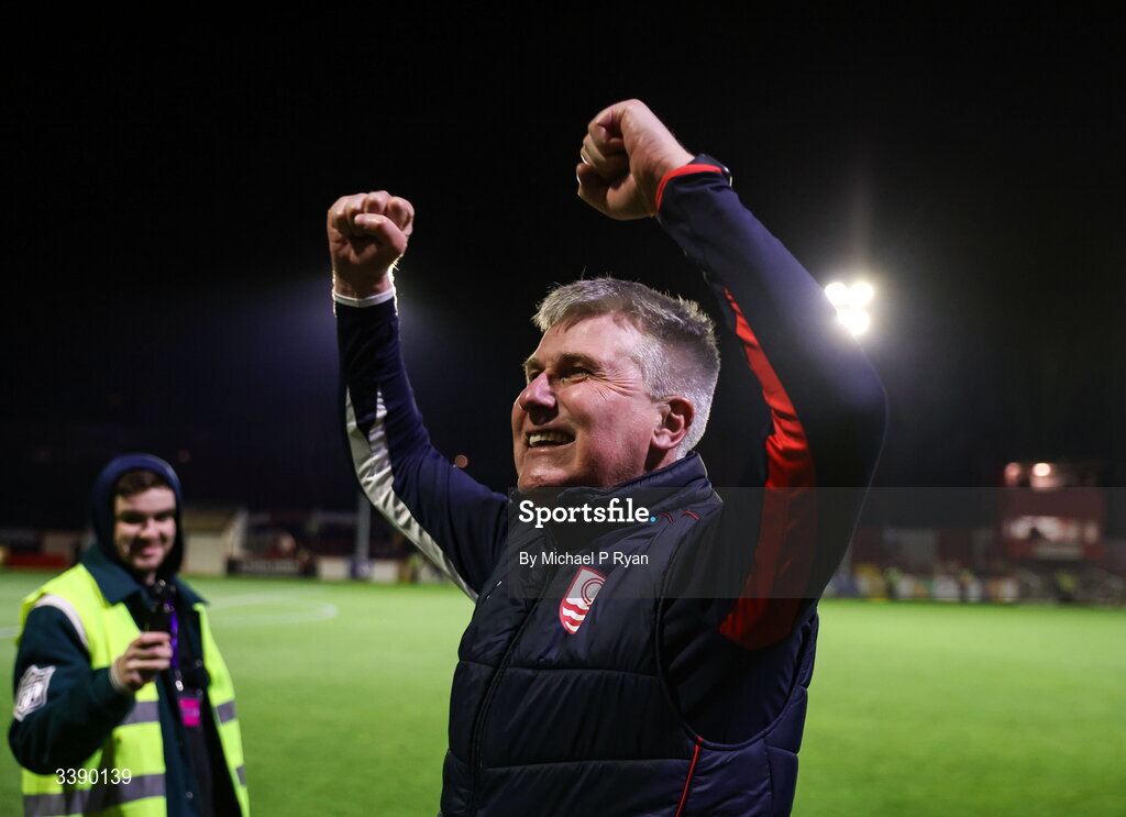 13 March 2026; St Patrick's Athletic manager Stephen Kenny celebrates after his side's victory in the SSE Airtricity Men's Premier Division match between St Patrick's Athletic and Drogheda United at Richmond Park in Dublin. Photo by Michael P Ryan/Sportsfile