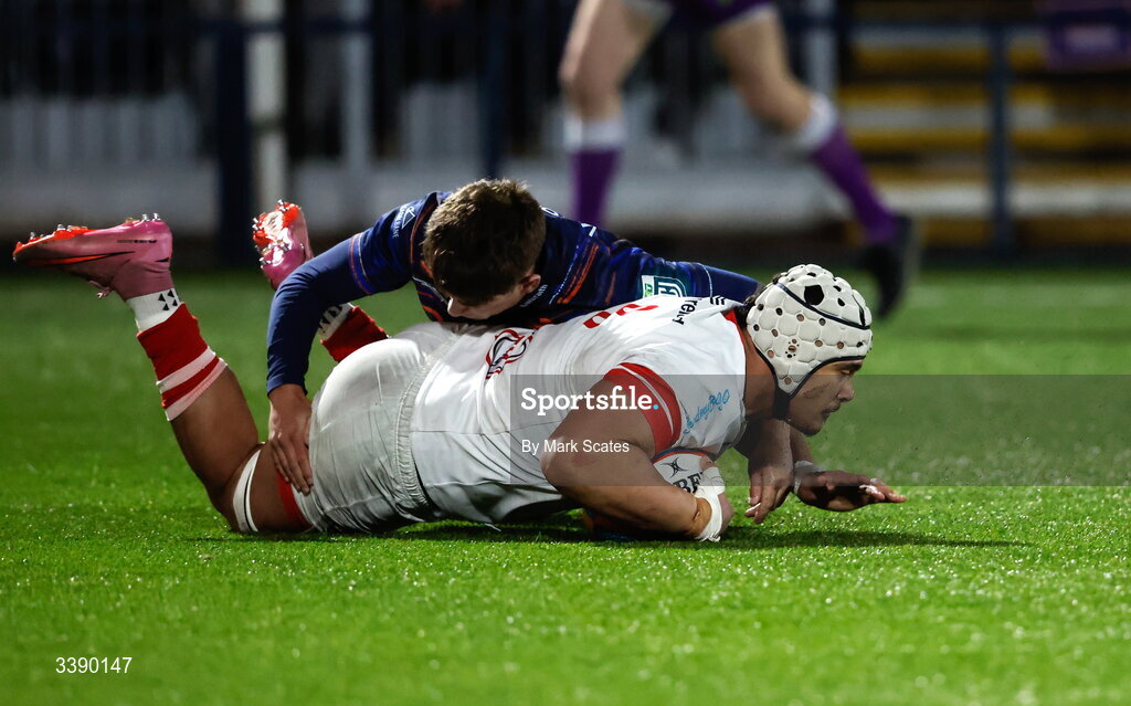 13 March 2026; Juarno Augustus of Ulster scores a try during the United Rugby Championship match between Edinburgh and Ulster at Hive Stadium in Edinburgh, Scotland. Photo by Mark Scates/Sportsfile
