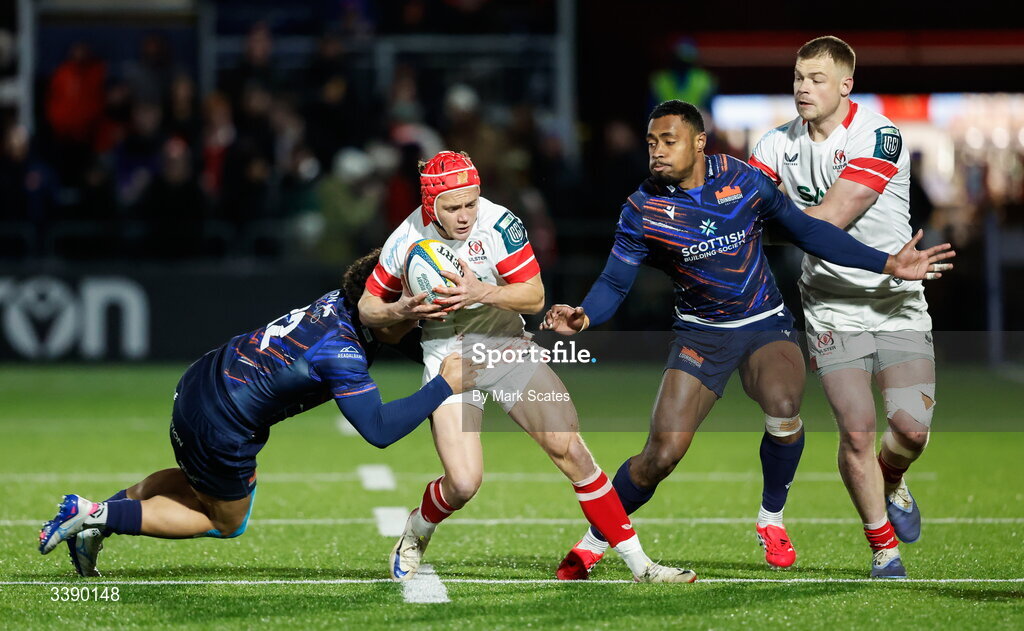 13 March 2026; Mike Lowry of Ulster is tackled by Mosese Tuipulotu of Edinburgh during the United Rugby Championship match between Edinburgh and Ulster at Hive Stadium in Edinburgh, Scotland. Photo by Mark Scates/Sportsfile
