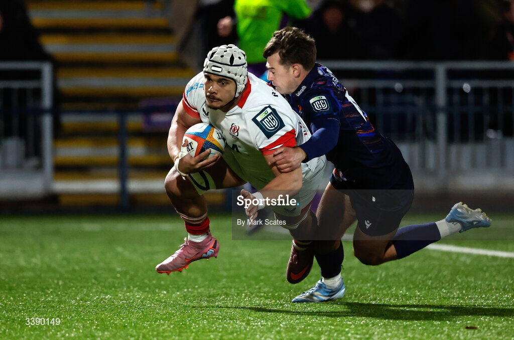 13 March 2026; Juarno Augustus of Ulster scores a try during the United Rugby Championship match between Edinburgh and Ulster at Hive Stadium in Edinburgh, Scotland. Photo by Mark Scates/Sportsfile