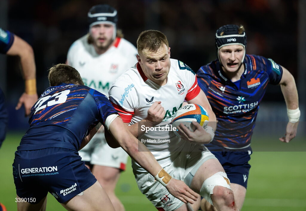 13 March 2026; Zac Ward of Ulster is tackled by Jack Brown of Edinburgh during the United Rugby Championship match between Edinburgh and Ulster at Hive Stadium in Edinburgh, Scotland. Photo by Mark Scates/Sportsfile