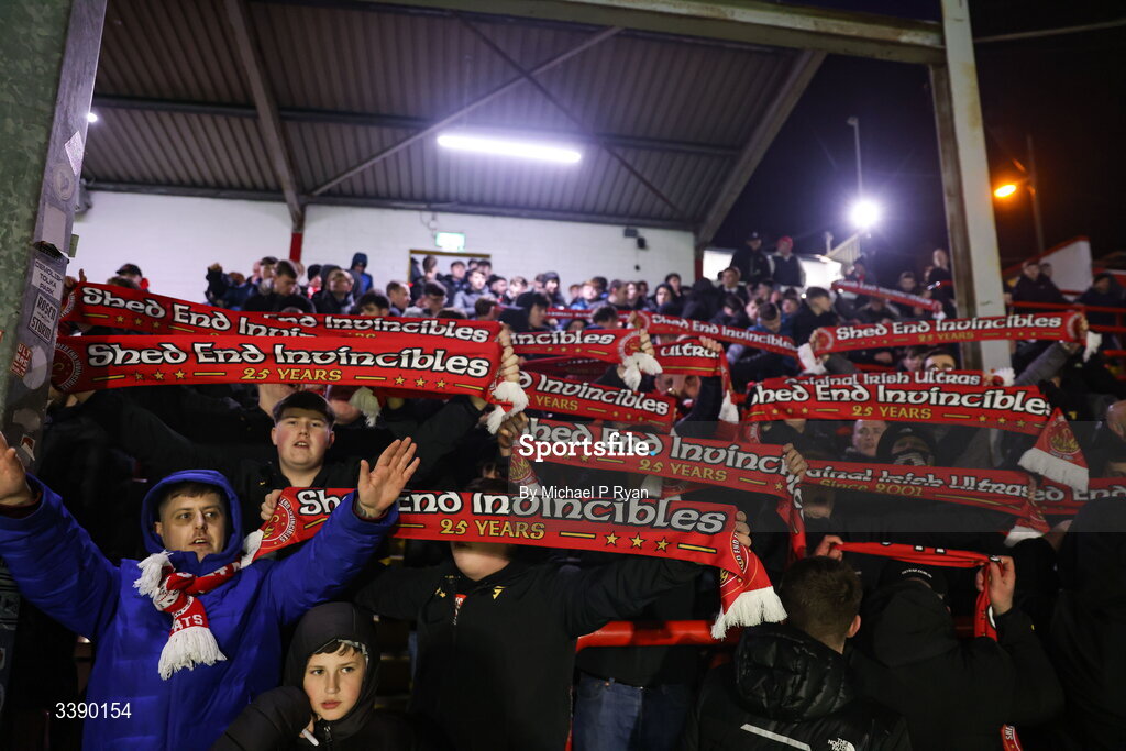 13 March 2026; St Patrick's Athletic supporters celebrate after their side's victory in the SSE Airtricity Men's Premier Division match between St Patrick's Athletic and Drogheda United at Richmond Park in Dublin. Photo by Michael P Ryan/Sportsfile