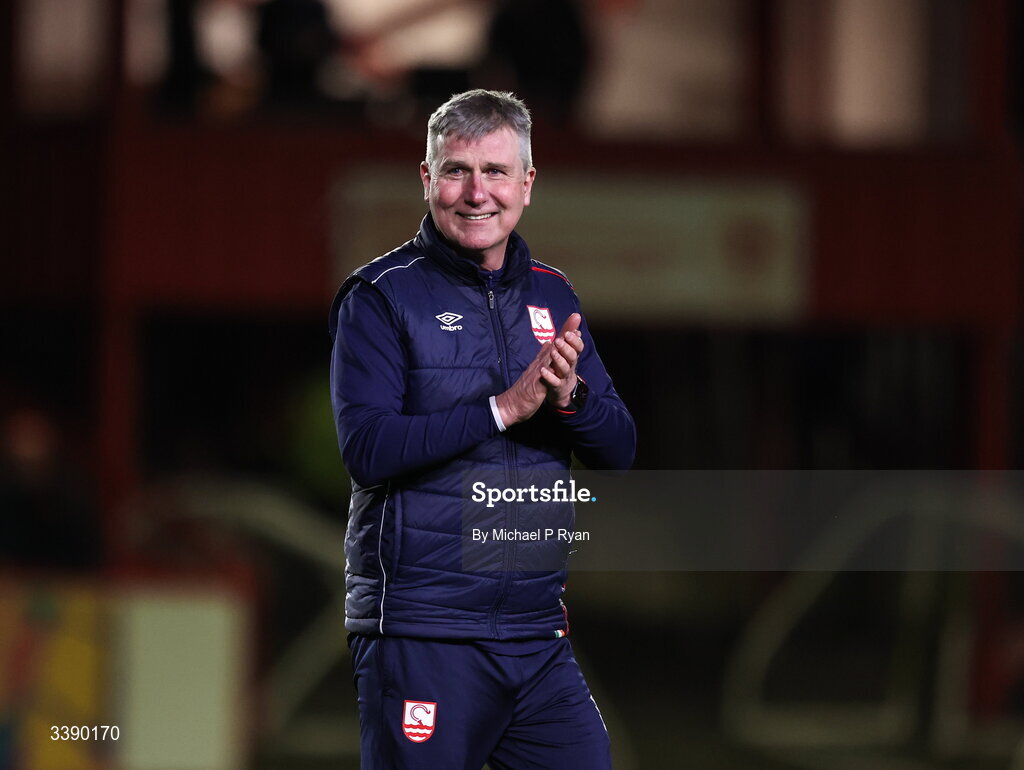 13 March 2026; St Patrick's Athletic manager Stephen Kenny acknowledges his side's supporters after the SSE Airtricity Men's Premier Division match between St Patrick's Athletic and Drogheda United at Richmond Park in Dublin. Photo by Michael P Ryan/Sportsfile