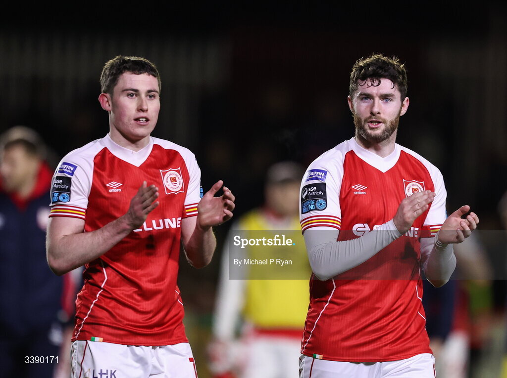 13 March 2026; St Patrick's Athletic players, from left,Kian Leavy and Aidan Keena acknowledges their supporters after the SSE Airtricity Men's Premier Division match between St Patrick's Athletic and Drogheda United at Richmond Park in Dublin. Photo by Michael P Ryan/Sportsfile