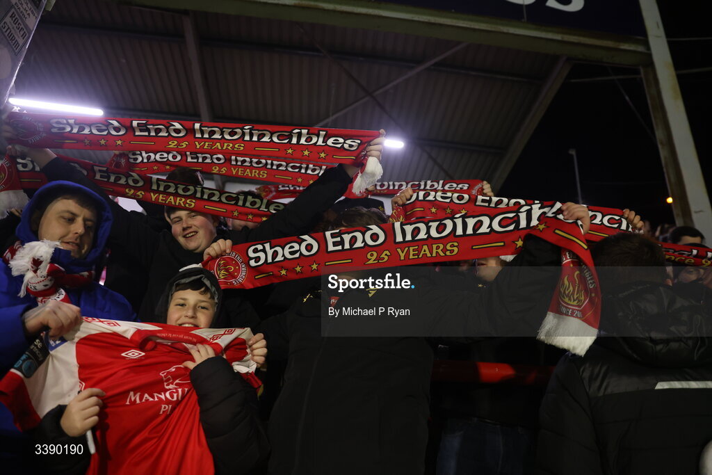 13 March 2026; St Patrick's Athletic supporters celebrate after their side's victory in the SSE Airtricity Men's Premier Division match between St Patrick's Athletic and Drogheda United at Richmond Park in Dublin. Photo by Michael P Ryan/Sportsfile