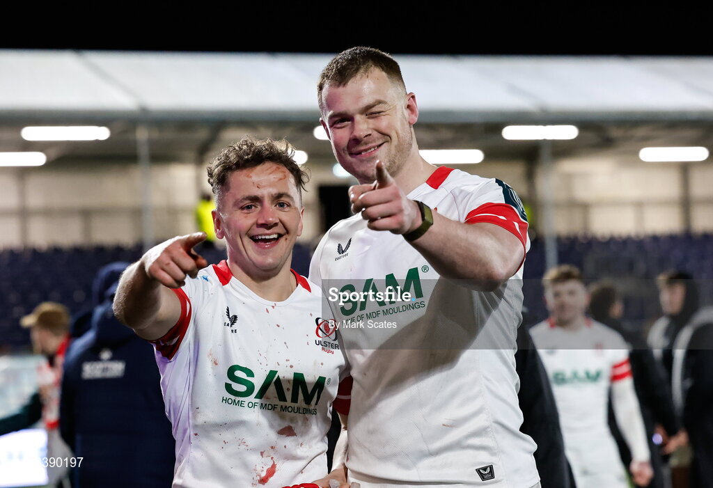 13 March 2026; Mike Lowry, left and Zac Ward of Ulster after the United Rugby Championship match between Edinburgh and Ulster at Hive Stadium in Edinburgh, Scotland. Photo by Mark Scates/Sportsfile