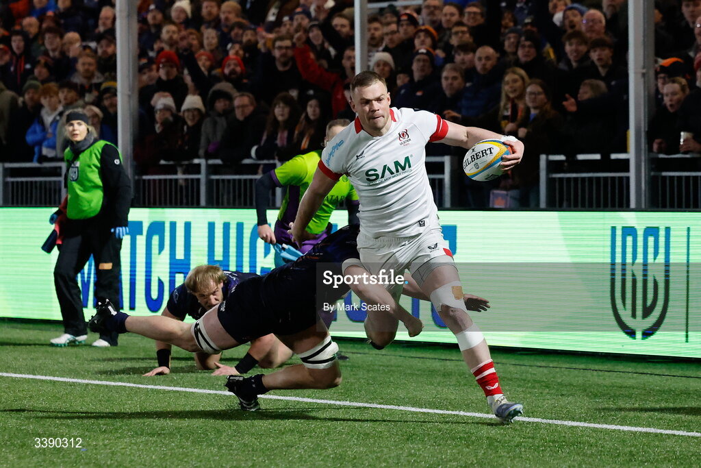 13 March 2026; Zac Ward of Ulster is tackled by Liam McConnell  of Edinburgh during the United Rugby Championship match between Edinburgh and Ulster at Hive Stadium in Edinburgh, Scotland. Photo by Mark Scates/Sportsfile