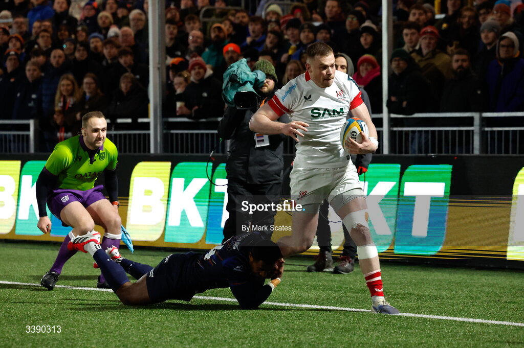13 March 2026; Zac Ward of Ulster is tackled by Liam McConnell  of Edinburgh during the United Rugby Championship match between Edinburgh and Ulster at Hive Stadium in Edinburgh, Scotland. Photo by Mark Scates/Sportsfile