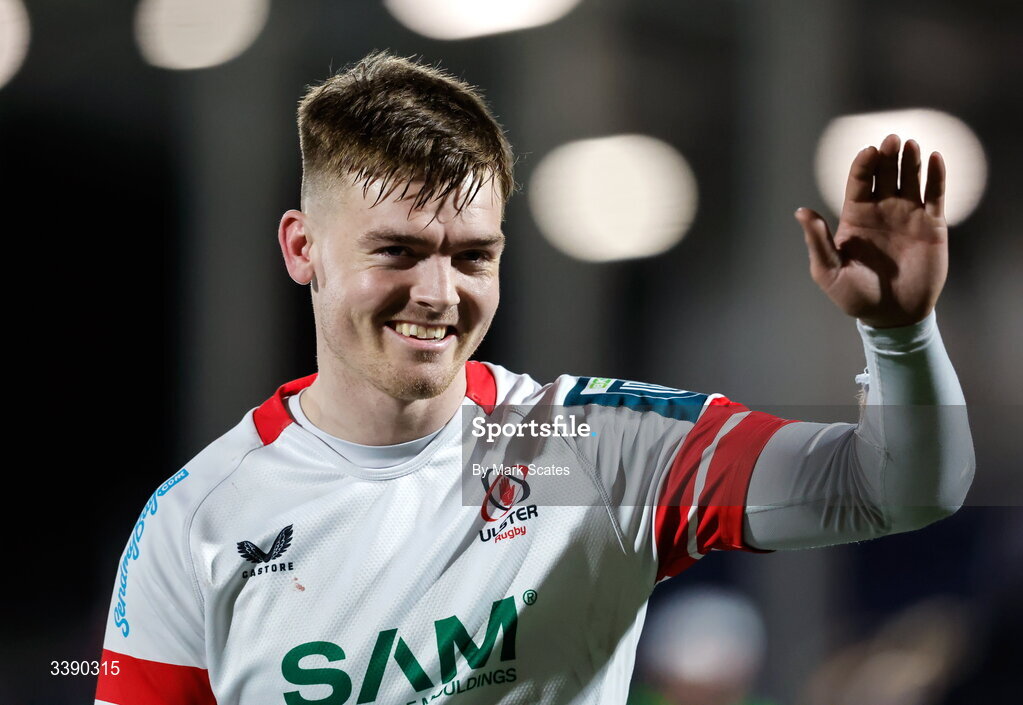 13 March 2026; Jake Flannery of Ulster celebrates after the United Rugby Championship match between Edinburgh and Ulster at Hive Stadium in Edinburgh, Scotland. Photo by Mark Scates/Sportsfile