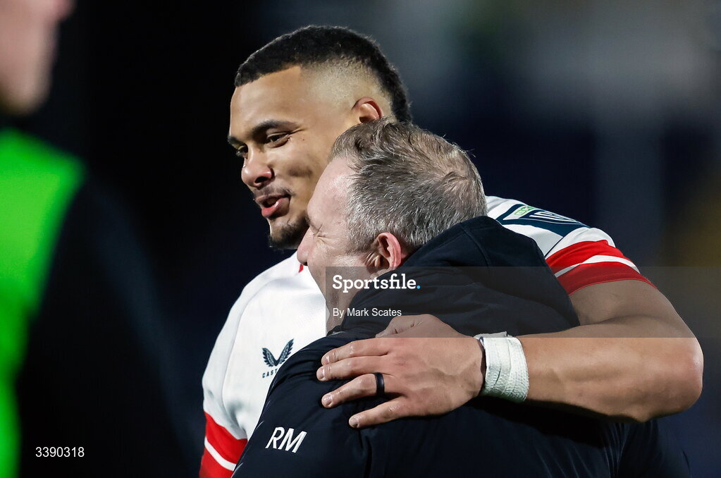 13 March 2026; Juarno Augustus of Ulster embraces head coach Richie Murphy after the United Rugby Championship match between Edinburgh and Ulster at Hive Stadium in Edinburgh, Scotland. Photo by Mark Scates/Sportsfile