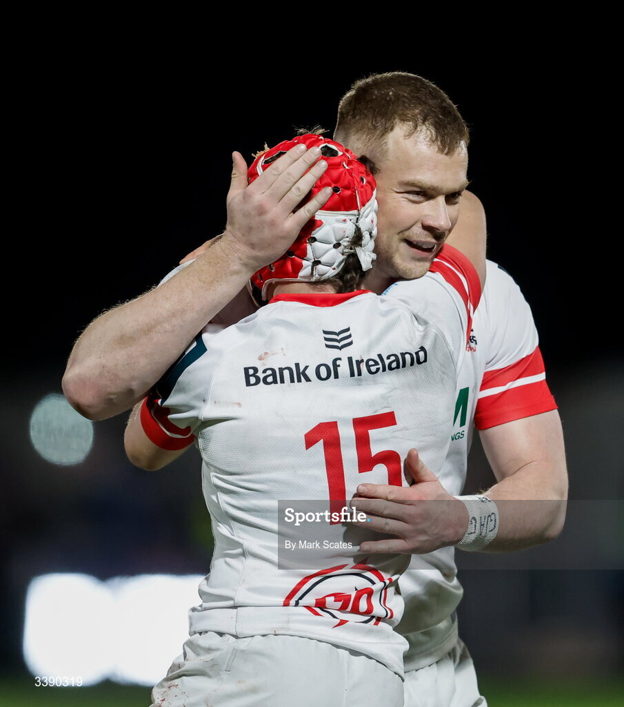 13 March 2026; Mike Lowry,15, and Zac Ward of Ulster after the United Rugby Championship match between Edinburgh and Ulster at Hive Stadium in Edinburgh, Scotland. Photo by Mark Scates/Sportsfile