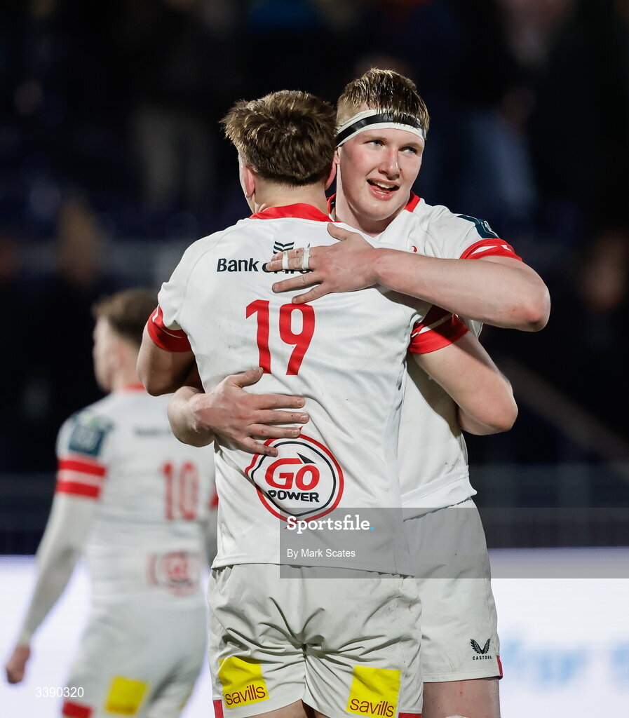 13 March 2026; Joe Hopes, 19, and Charlie Irvine of Ulster after the United Rugby Championship match between Edinburgh and Ulster at Hive Stadium in Edinburgh, Scotland. Photo by Mark Scates/Sportsfile