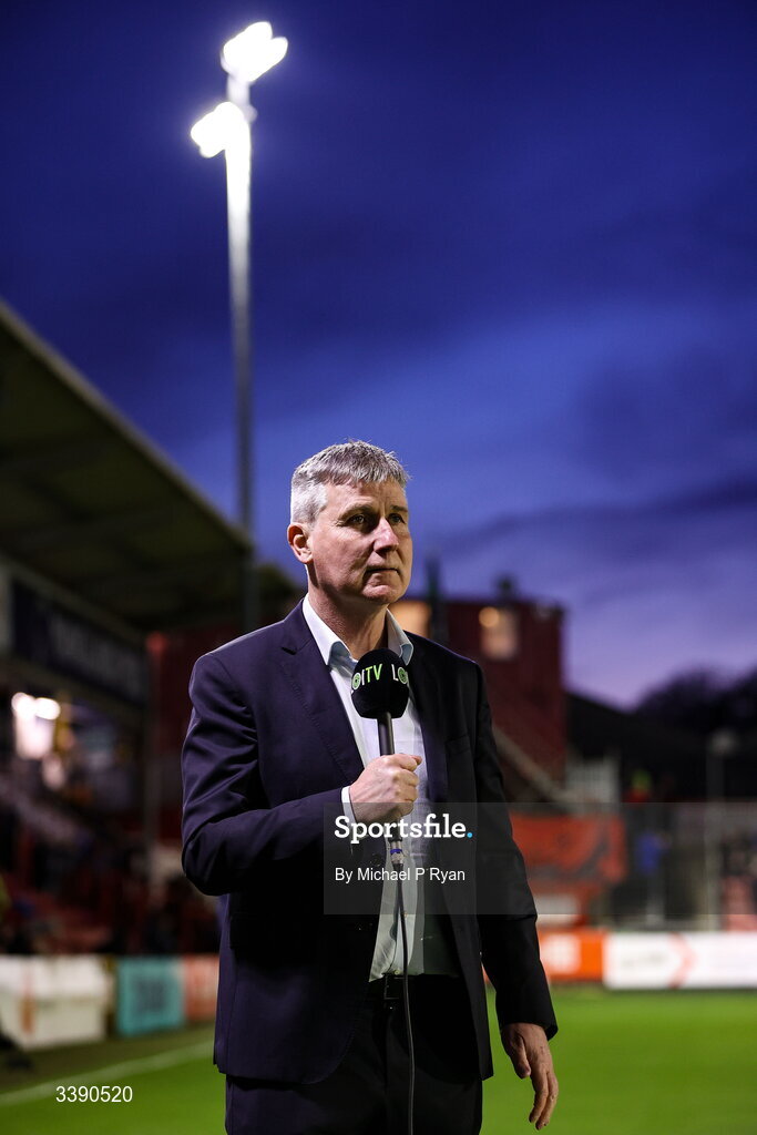 13 March 2026; St Patrick's Athletic manager Stephen Kenny is interviewed before the SSE Airtricity Men's Premier Division match between St Patrick's Athletic and Drogheda United at Richmond Park in Dublin. Photo by Michael P Ryan/Sportsfile