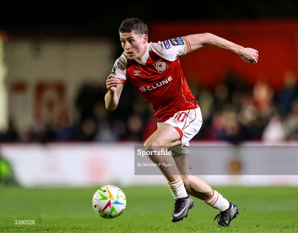 13 March 2026; Kian Leavy of St Patrick's Athletic during the SSE Airtricity Men's Premier Division match between St Patrick's Athletic and Drogheda United at Richmond Park in Dublin. Photo by Michael P Ryan/Sportsfile