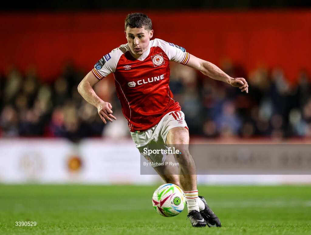 13 March 2026; Kian Leavy of St Patrick's Athletic during the SSE Airtricity Men's Premier Division match between St Patrick's Athletic and Drogheda United at Richmond Park in Dublin. Photo by Michael P Ryan/Sportsfile