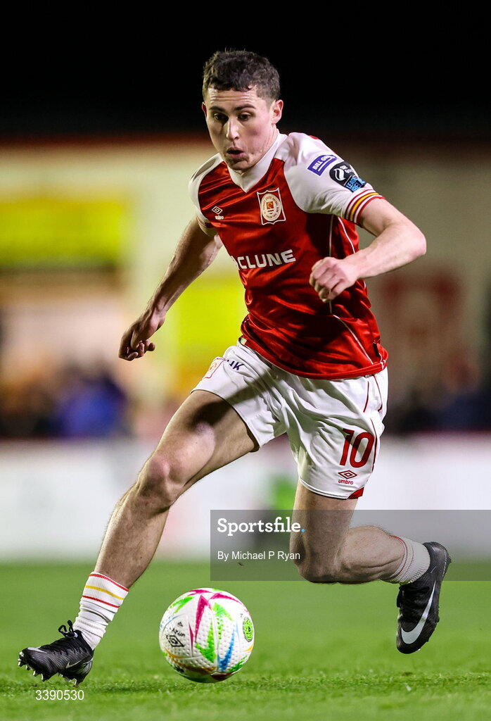 13 March 2026; Kian Leavy of St Patrick's Athletic during the SSE Airtricity Men's Premier Division match between St Patrick's Athletic and Drogheda United at Richmond Park in Dublin. Photo by Michael P Ryan/Sportsfile