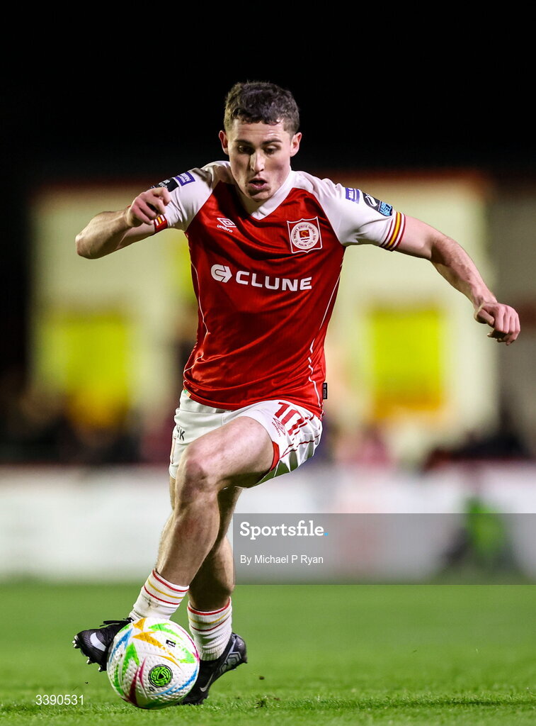 13 March 2026; Kian Leavy of St Patrick's Athletic during the SSE Airtricity Men's Premier Division match between St Patrick's Athletic and Drogheda United at Richmond Park in Dublin. Photo by Michael P Ryan/Sportsfile
