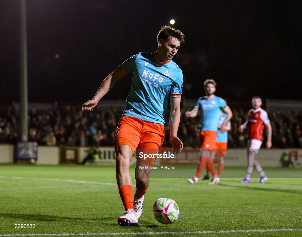 13 March 2026; Leo Burney of Drogheda United during the SSE Airtricity Men's Premier Division match between St Patrick's Athletic and Drogheda United at Richmond Park in Dublin. Photo by Michael P Ryan/Sportsfile