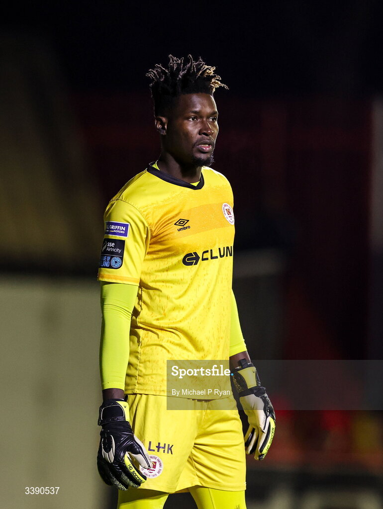 13 March 2026; St Patrick's Athletic goalkeeper Joseph Anang during the SSE Airtricity Men's Premier Division match between St Patrick's Athletic and Drogheda United at Richmond Park in Dublin. Photo by Michael P Ryan/Sportsfile
