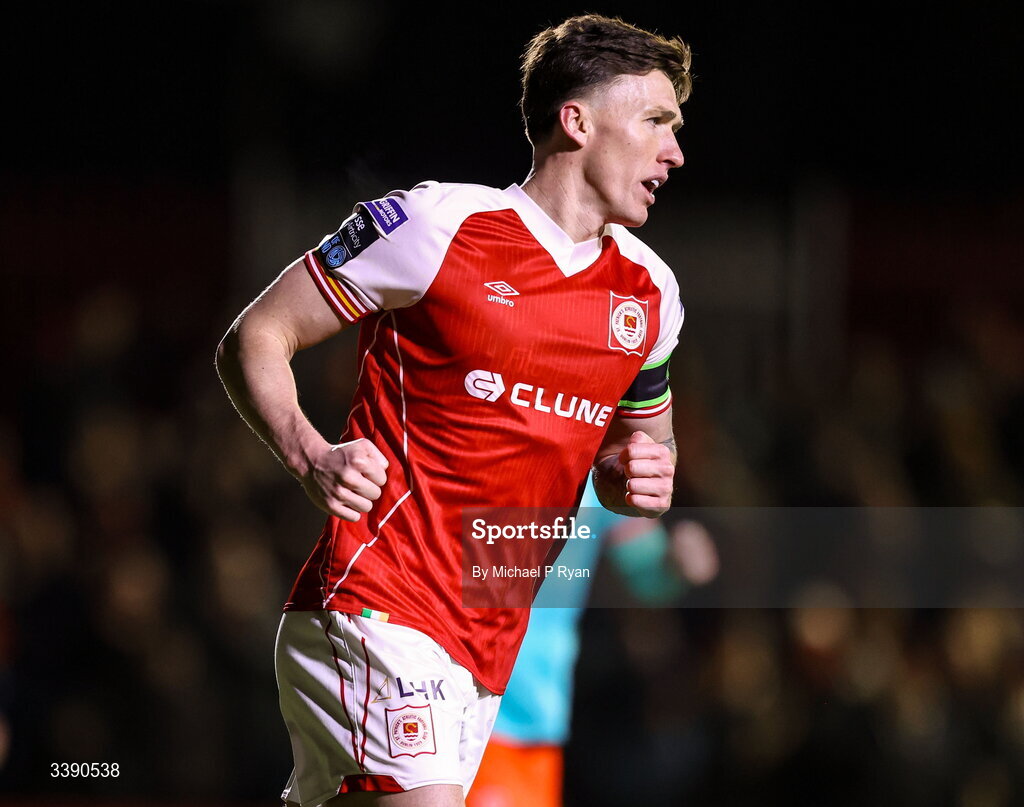 13 March 2026; Joe Redmond of St Patrick's Athletic during the SSE Airtricity Men's Premier Division match between St Patrick's Athletic and Drogheda United at Richmond Park in Dublin. Photo by Michael P Ryan/Sportsfile