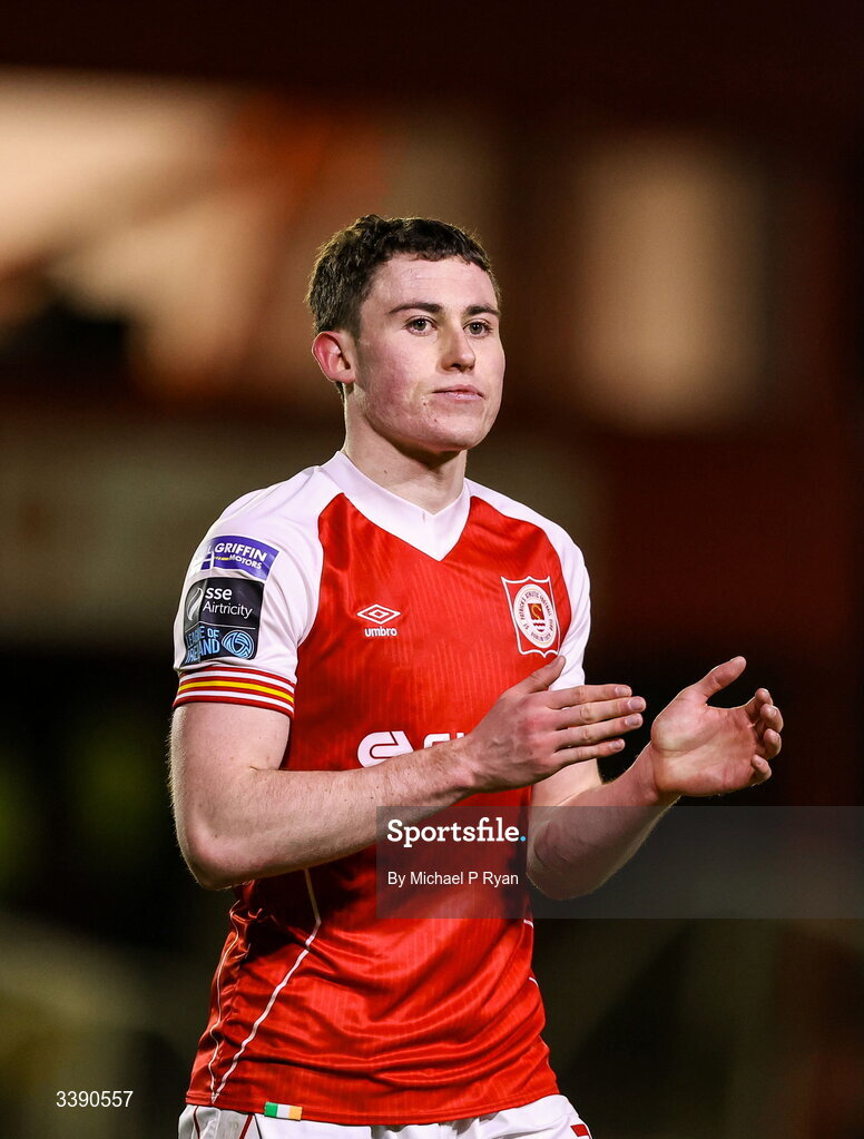 13 March 2026; Kian Leavy of St Patrick's Athletic after his side's victory in the SSE Airtricity Men's Premier Division match between St Patrick's Athletic and Drogheda United at Richmond Park in Dublin. Photo by Michael P Ryan/Sportsfile