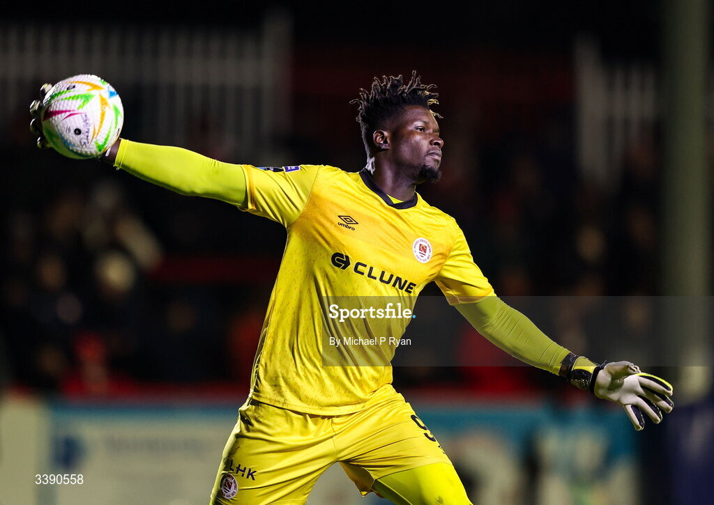 13 March 2026; St Patrick's Athletic goalkeeper Joseph Anang during the SSE Airtricity Men's Premier Division match between St Patrick's Athletic and Drogheda United at Richmond Park in Dublin. Photo by Michael P Ryan/Sportsfile