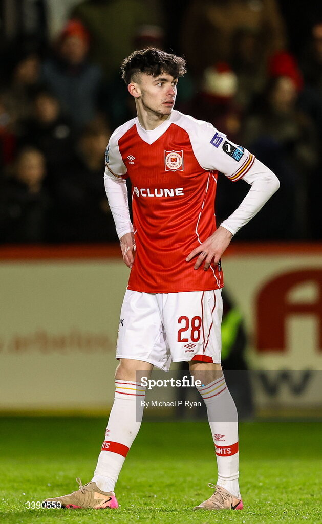 13 March 2026; Rhys Bartley of St Patrick's Athletic during the SSE Airtricity Men's Premier Division match between St Patrick's Athletic and Drogheda United at Richmond Park in Dublin. Photo by Michael P Ryan/Sportsfile