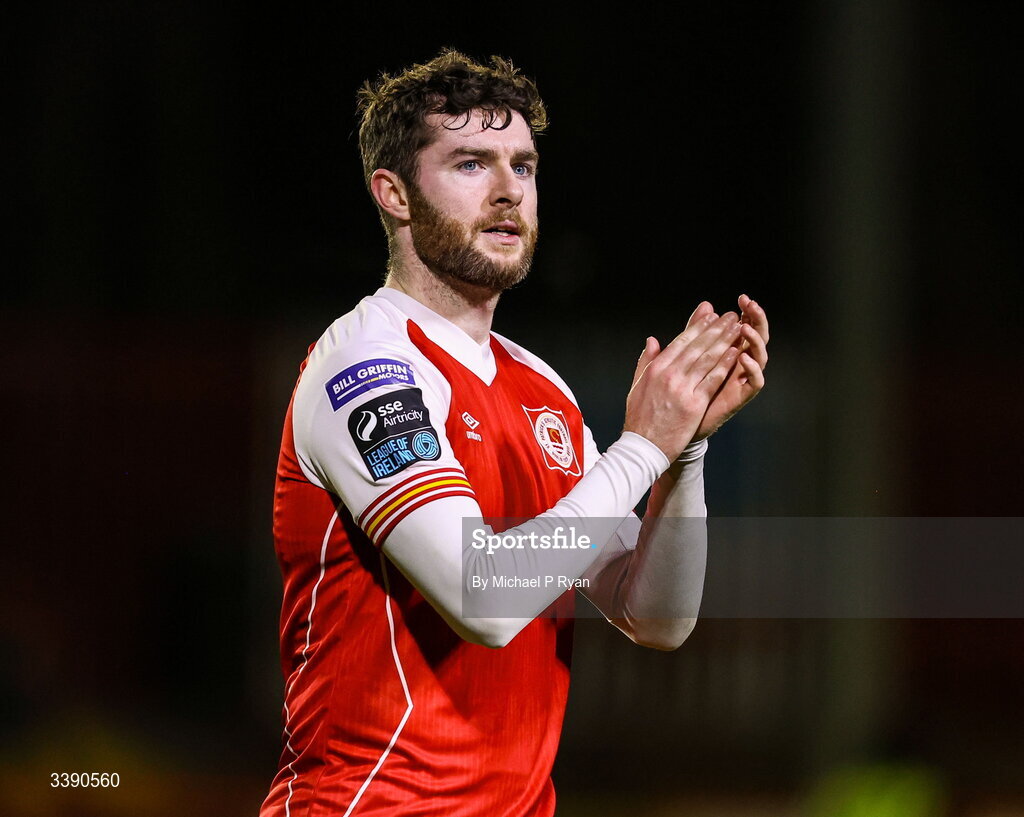 13 March 2026; Aidan Keena of St Patrick's Athletic after his side's victory in the SSE Airtricity Men's Premier Division match between St Patrick's Athletic and Drogheda United at Richmond Park in Dublin. Photo by Michael P Ryan/Sportsfile