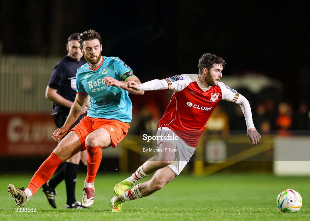 13 March 2026; Aidan Keena of St Patrick's Athletic in action against Conor Keeley of Drogheda United during the SSE Airtricity Men's Premier Division match between St Patrick's Athletic and Drogheda United at Richmond Park in Dublin. Photo by Michael P Ryan/Sportsfile