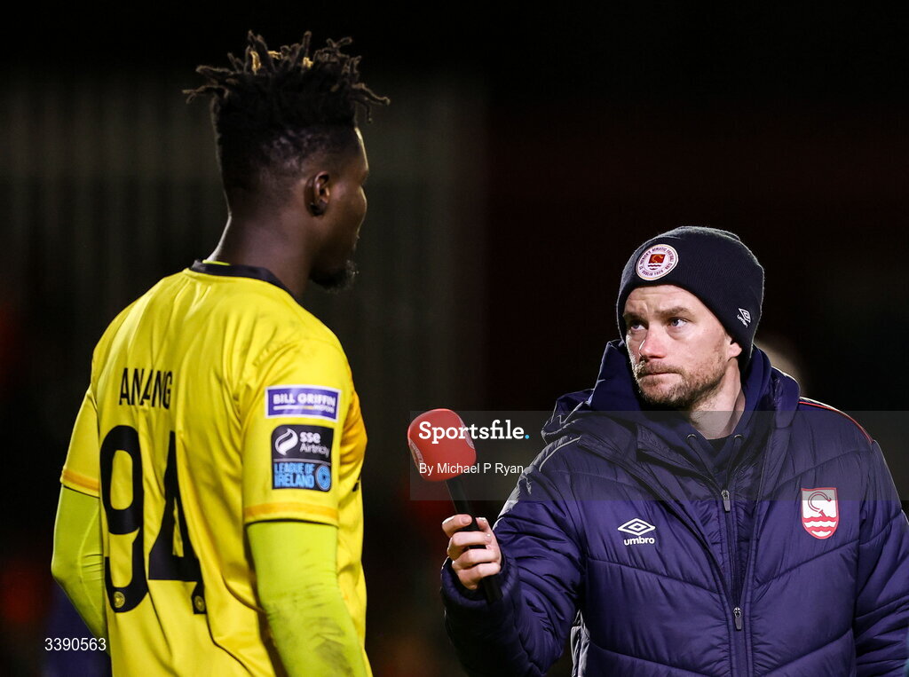 13 March 2026; St Patrick's Athletic goalkeeper Joseph Anang is interviewed by St Patrick's Athletic head of media Jamie Moore after the SSE Airtricity Men's Premier Division match between St Patrick's Athletic and Drogheda United at Richmond Park in Dublin. Photo by Michael P Ryan/Sportsfile