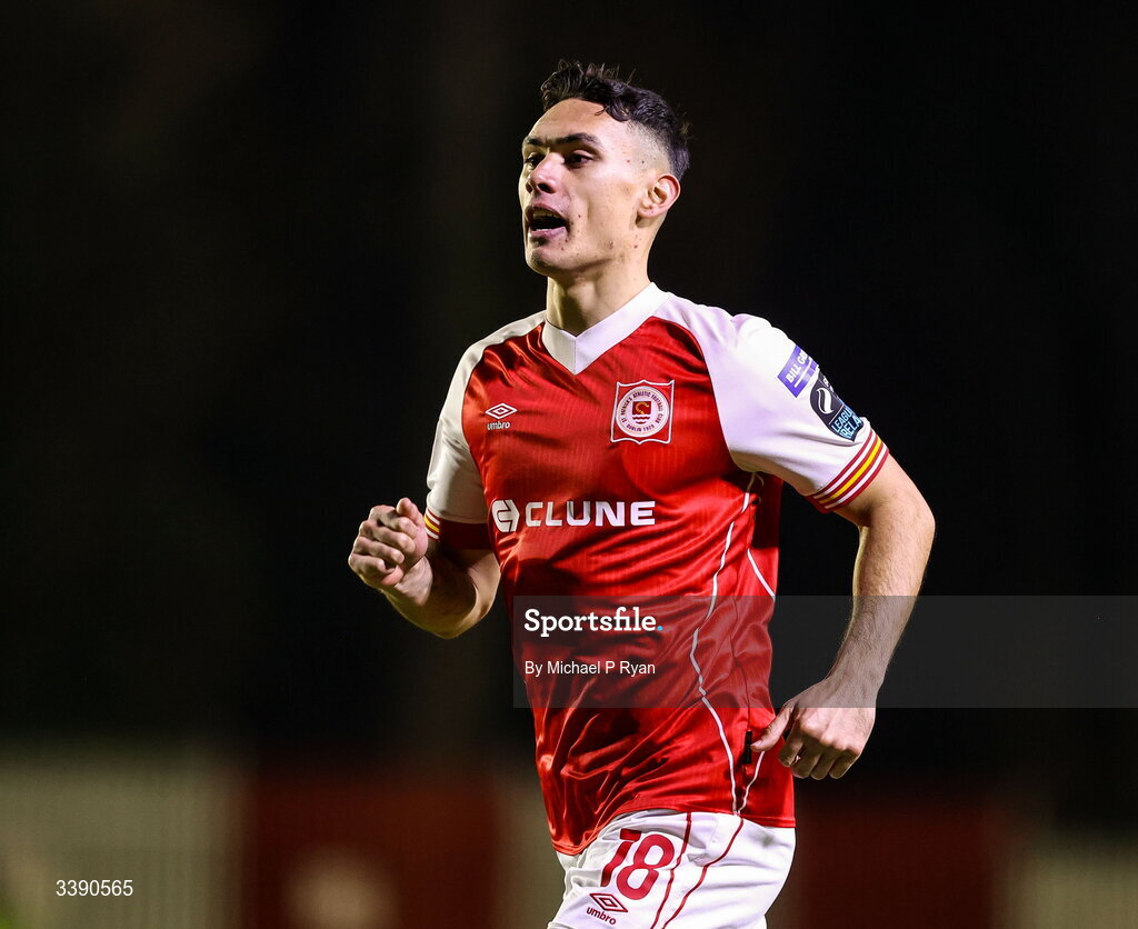 13 March 2026; Max Mata of St Patrick's Athletic during the SSE Airtricity Men's Premier Division match between St Patrick's Athletic and Drogheda United at Richmond Park in Dublin. Photo by Michael P Ryan/Sportsfile