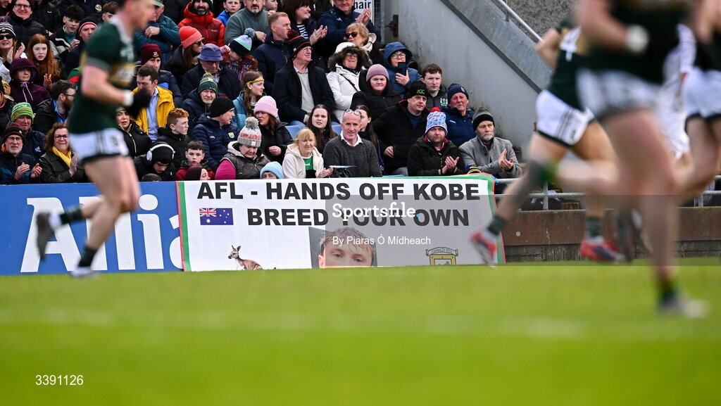 14 March 2026; A banner protesting against the AFL, Australian Football League, partly blocking an Allianz sign, during the Allianz Football League Division 1 match between Kerry and Mayo at Austin Stack Park in Tralee, Kerry. Photo by Piaras Ó Mídheach/Sportsfile