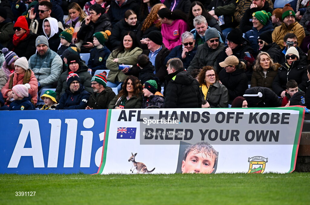 14 March 2026; A banner protesting against the AFL, Australian Football League, partly blocking an Allianz sign, during the Allianz Football League Division 1 match between Kerry and Mayo at Austin Stack Park in Tralee, Kerry. Photo by Piaras Ó Mídheach/Sportsfile
