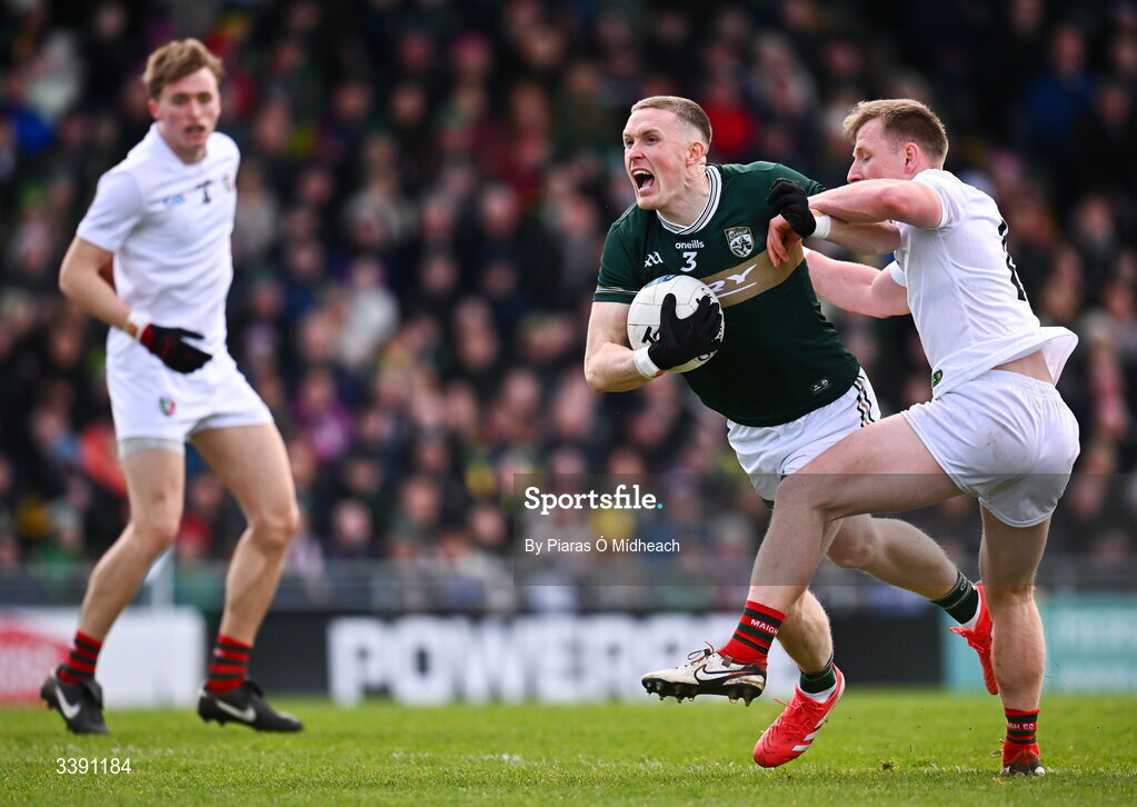 14 March 2026; Jason Foley of Kerry in action against Ryan O'Donoghue of Mayo during the Allianz Football League Division 1 match between Kerry and Mayo at Austin Stack Park in Tralee, Kerry. Photo by Piaras Ó Mídheach/Sportsfile