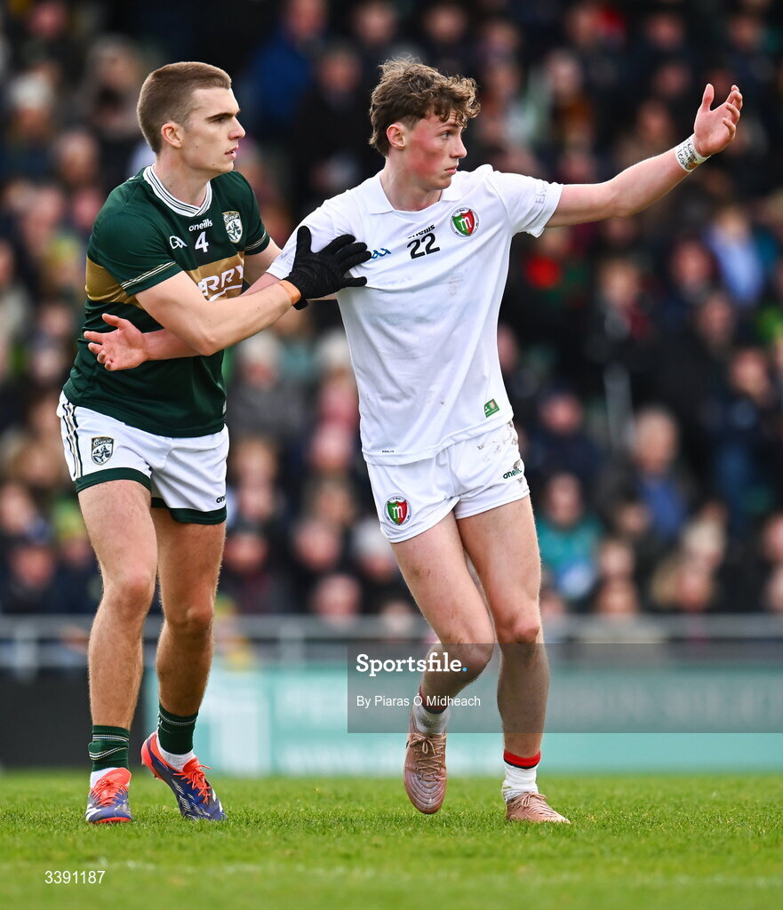 14 March 2026; Kobe McDonald of Mayo is marked by Dylan Casey of Kerry during the Allianz Football League Division 1 match between Kerry and Mayo at Austin Stack Park in Tralee, Kerry. Photo by Piaras Ó Mídheach/Sportsfile