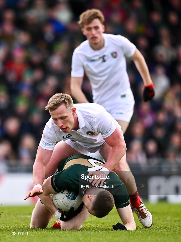 14 March 2026; Jason Foley of Kerry in action against Ryan O'Donoghue of Mayo during the Allianz Football League Division 1 match between Kerry and Mayo at Austin Stack Park in Tralee, Kerry. Photo by Piaras Ó Mídheach/Sportsfile