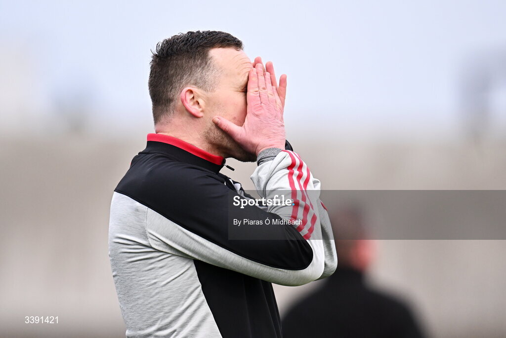 14 March 2026; Mayo manager Andy Moran reacts after his side committed a breach violation during the Allianz Football League Division 1 match between Kerry and Mayo at Austin Stack Park in Tralee, Kerry. Photo by Piaras Ó Mídheach/Sportsfile