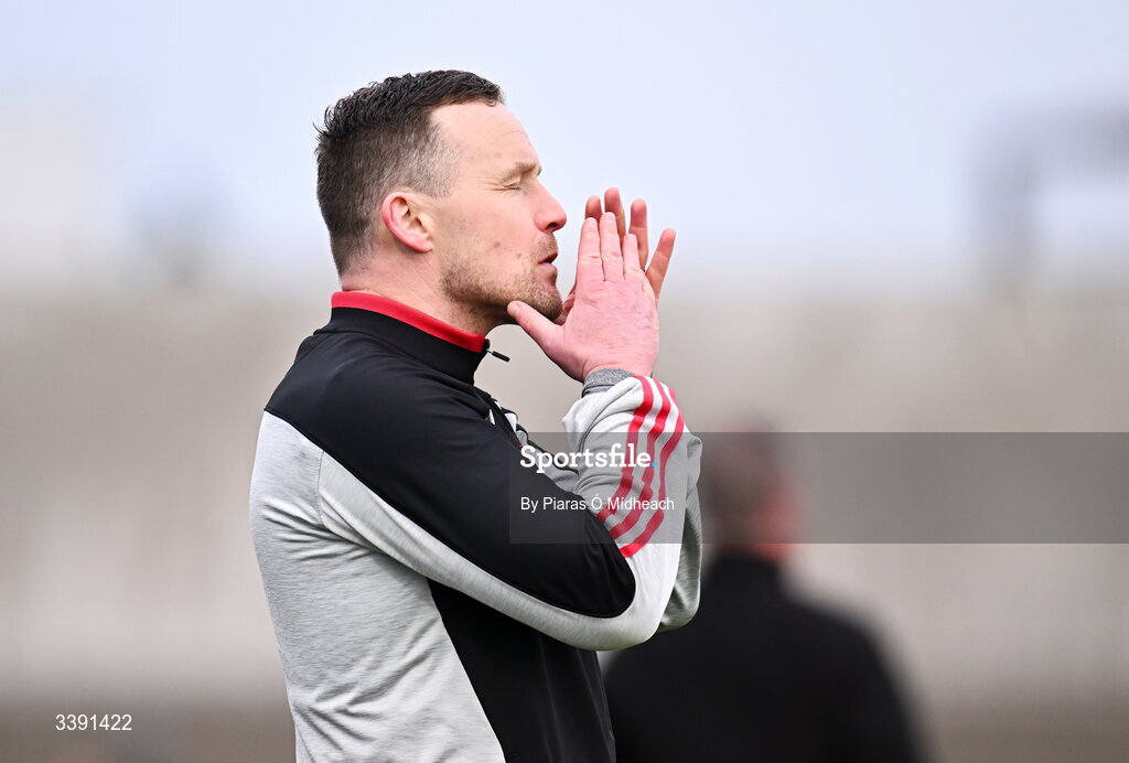14 March 2026; Mayo manager Andy Moran reacts after his side committed a breach violation during the Allianz Football League Division 1 match between Kerry and Mayo at Austin Stack Park in Tralee, Kerry. Photo by Piaras Ó Mídheach/Sportsfile