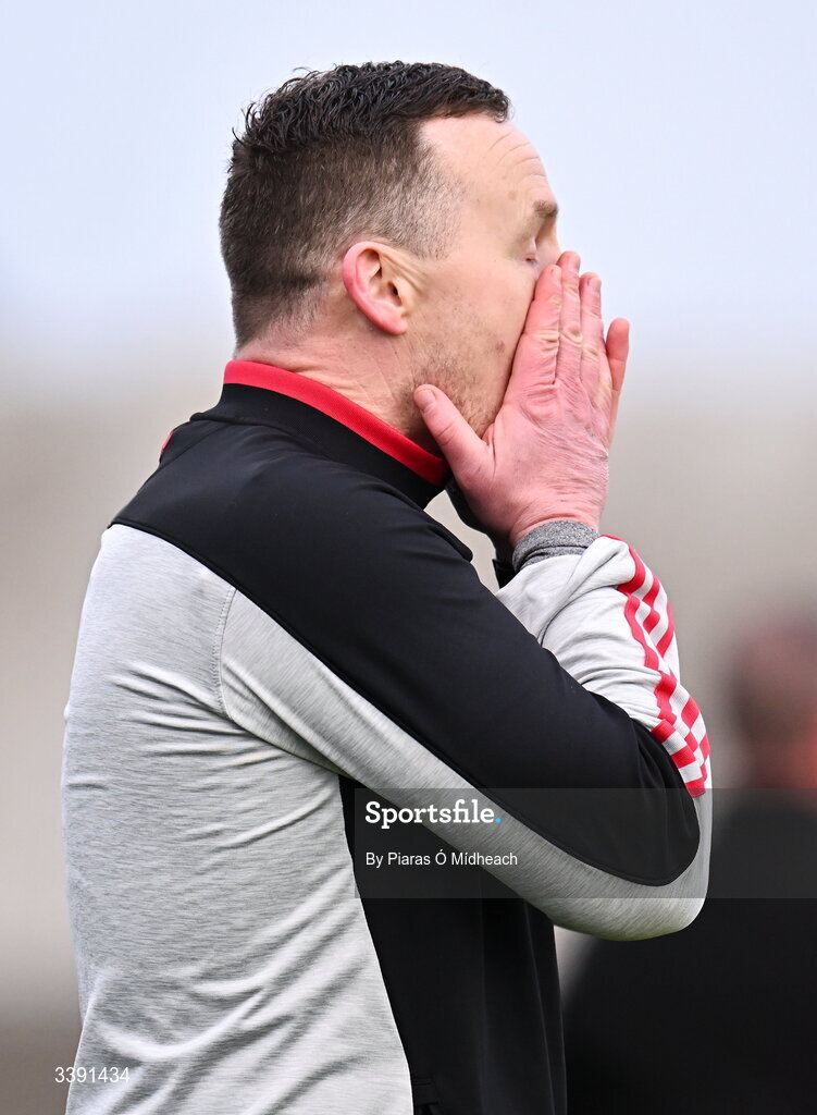 14 March 2026; Mayo manager Andy Moran reacts after his side committed a breach violation during the Allianz Football League Division 1 match between Kerry and Mayo at Austin Stack Park in Tralee, Kerry. Photo by Piaras Ó Mídheach/Sportsfile