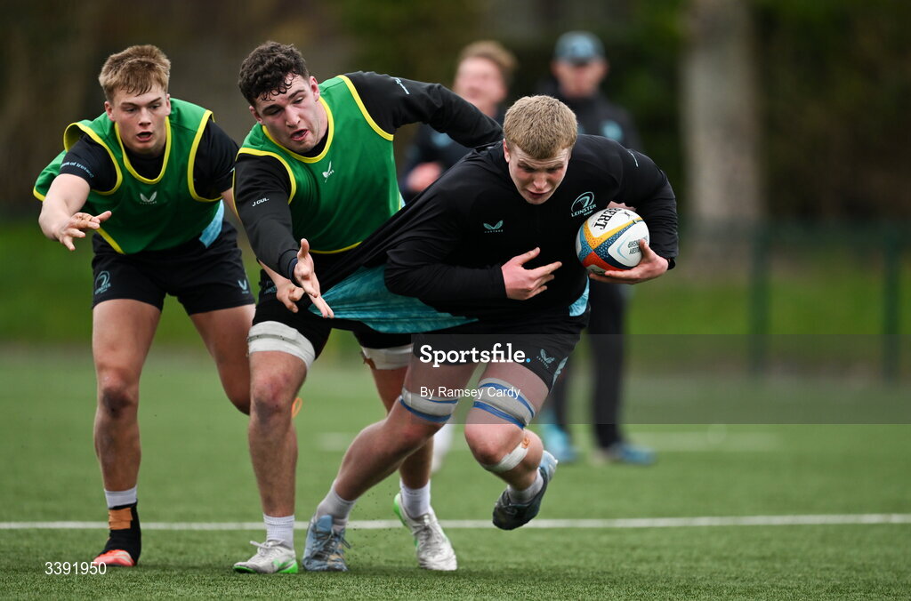 10 March 2026; Conor O'Tighearnaigh, right, with James Culhane, centre, and Ciarán Mangan, left, during a Leinster Rugby open training session at Skerries RFC in Skerries, Dublin. Photo by Ramsey Cardy/Sportsfile
