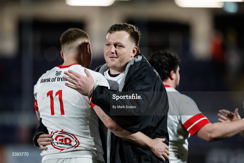 13 March 2026; Angus Bell, right, and Zac Ward of Ulster after the United Rugby Championship match between Edinburgh and Ulster at Hive Stadium in Edinburgh, Scotland. Photo by Mark Scates/Sportsfile