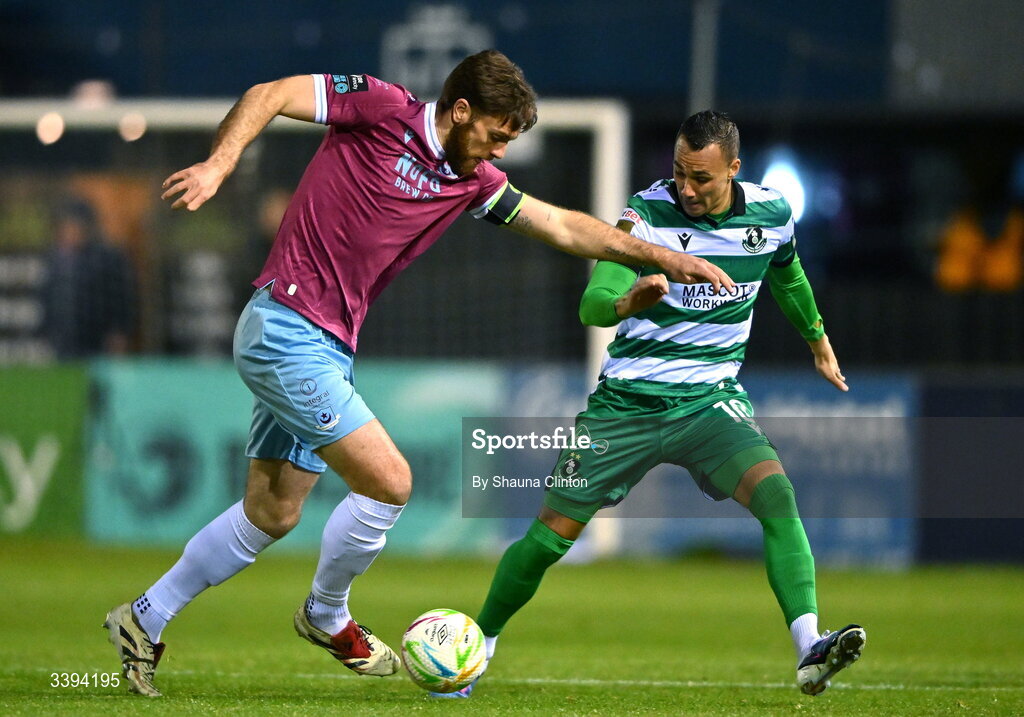 16 March 2026; Conor Keeley of Drogheda United in action against Graham Burke of Shamrock Rovers during the SSE Airtricity Men's Premier Division match between Drogheda United and Shamrock Rovers at Sullivan & Lambe Park in Drogheda, Louth. Photo by Shauna Clinton/Sportsfile