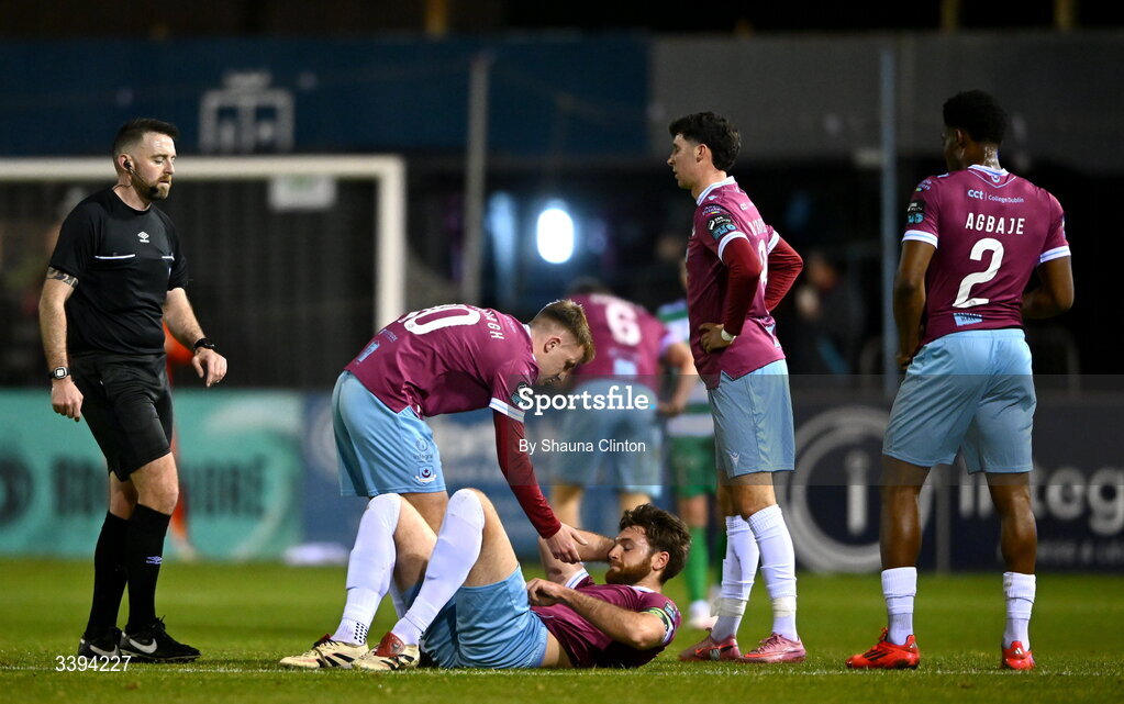 16 March 2026; Conor Keeley of Drogheda United receives medical attention during the SSE Airtricity Men's Premier Division match between Drogheda United and Shamrock Rovers at Sullivan & Lambe Park in Drogheda, Louth. Photo by Shauna Clinton/Sportsfile