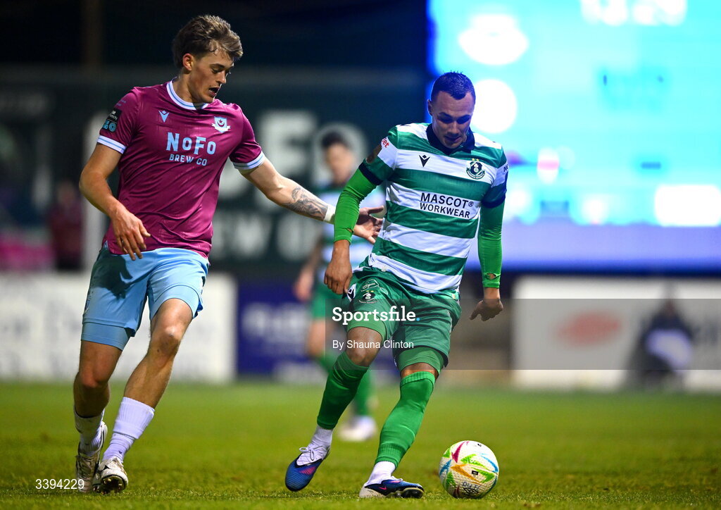 16 March 2026; Graham Burke of Shamrock Rovers in action against Jago Godden of Drogheda United during the SSE Airtricity Men's Premier Division match between Drogheda United and Shamrock Rovers at Sullivan & Lambe Park in Drogheda, Louth. Photo by Shauna Clinton/Sportsfile